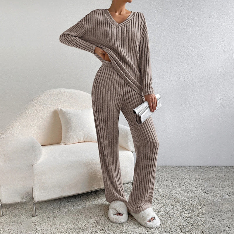 Women's 2-Piece Set Solid Color V-Neck Long Sleeve