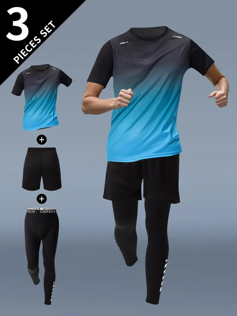 3pcs Men'S Fitness Set: Athletic Shorts, Short Sleeve Shirt & Running Jacket