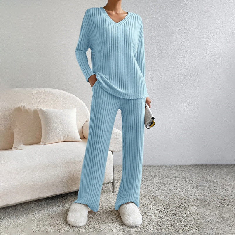 Women's 2-Piece Set Solid Color V-Neck Long Sleeve