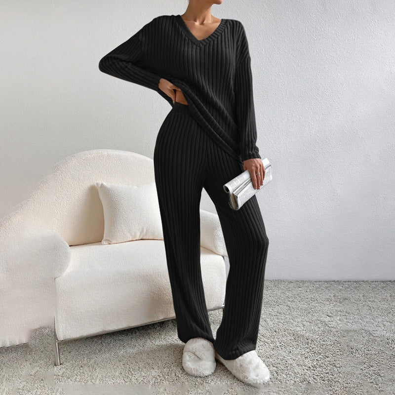 Women's 2-Piece Set Solid Color V-Neck Long Sleeve