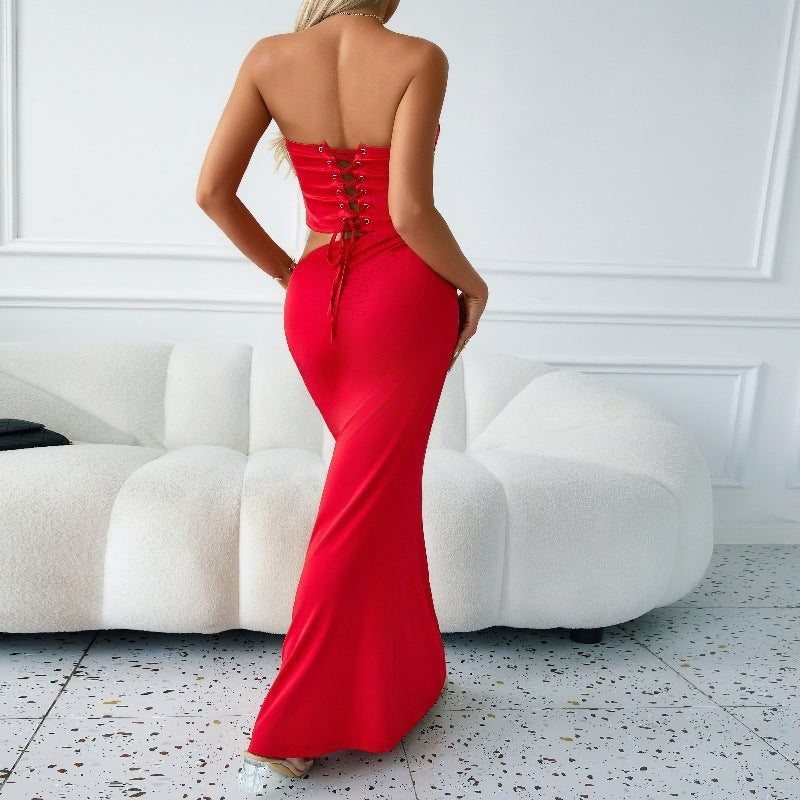 Tied Slim Fit Temperament Red Dress