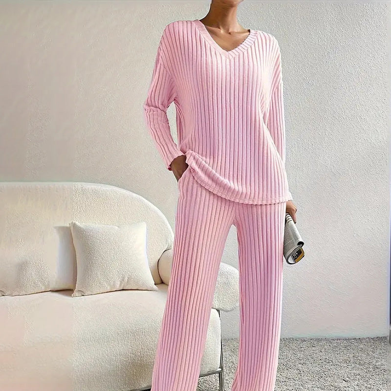 Women's 2-Piece Set Solid Color V-Neck Long Sleeve