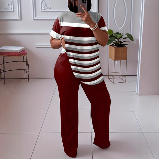 Contrast Color Striped Short Sleeve With Wine Red Wide Leg Pants Fashion Suit