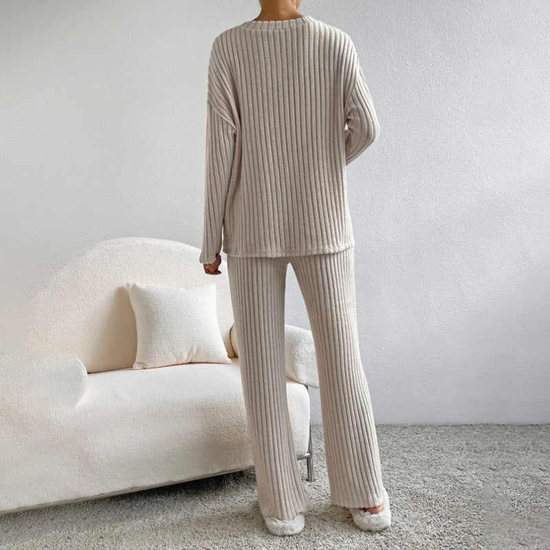 Women's 2-Piece Set Solid Color V-Neck Long Sleeve