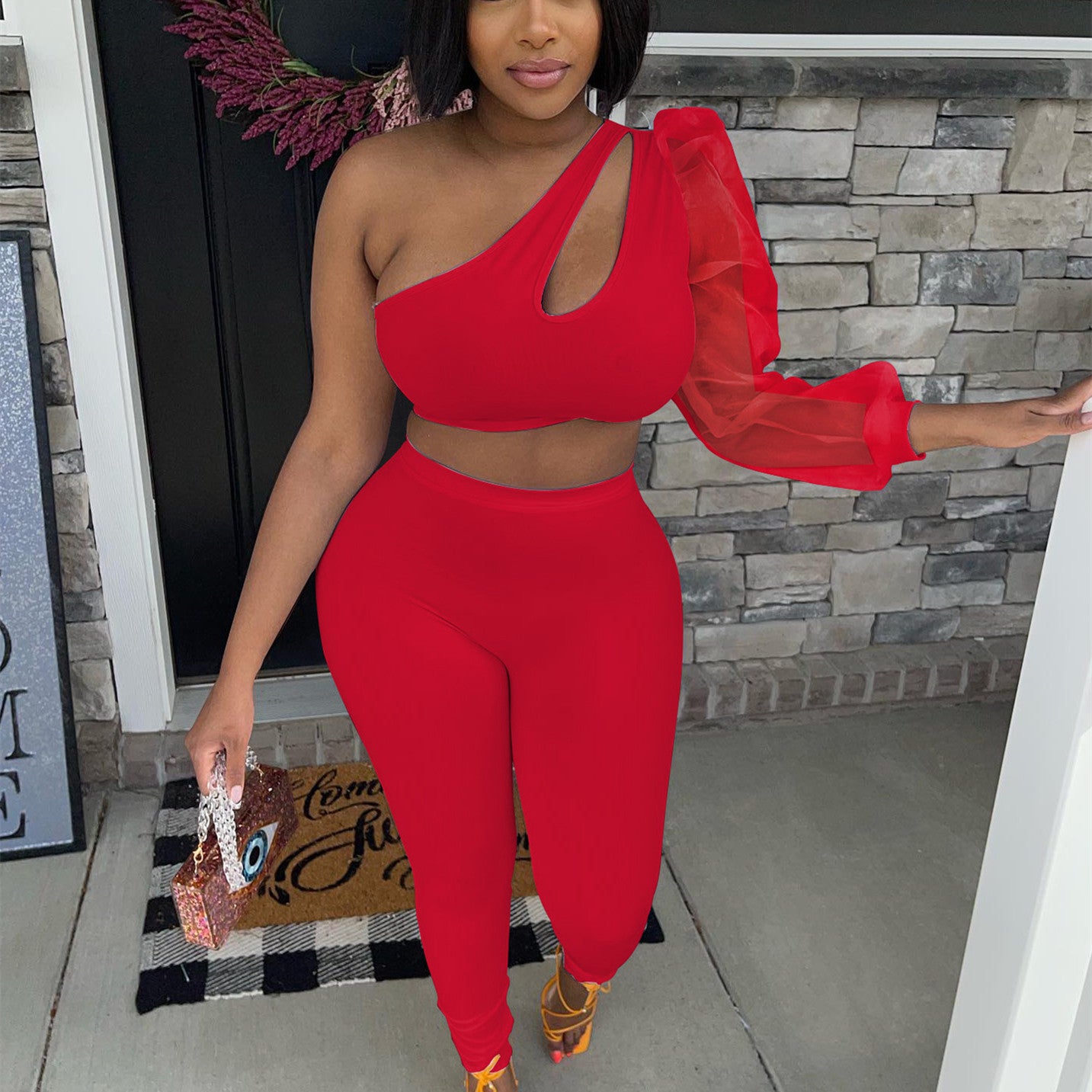 Mesh One Sleeve Elastic Two Piece Set Women Solid