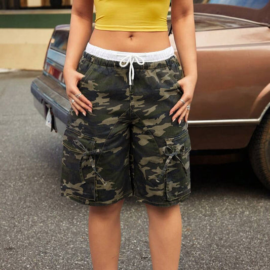 Loose Double Waist Casual Style Camouflage Pocket Drawstring Shorts