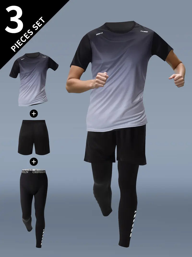 3pcs Men'S Fitness Set: Athletic Shorts, Short Sleeve Shirt & Running Jacket