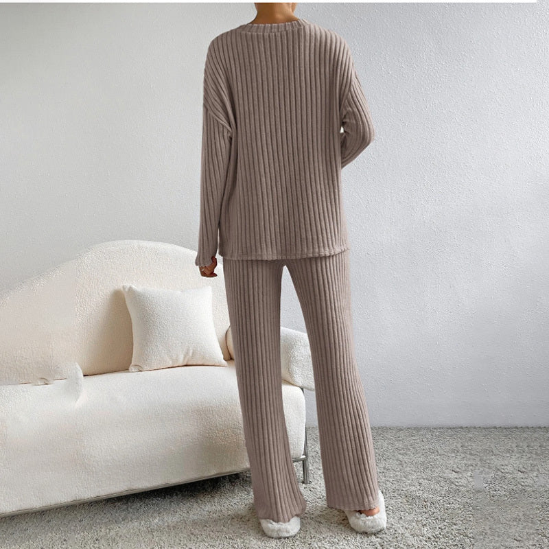 Women's 2-Piece Set Solid Color V-Neck Long Sleeve