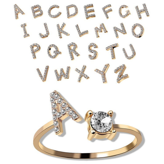 Design Adjustable 26 Initial Letter Ring Fashion Jewelry