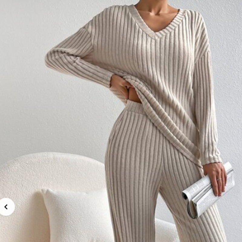 Women's 2-Piece Set Solid Color V-Neck Long Sleeve