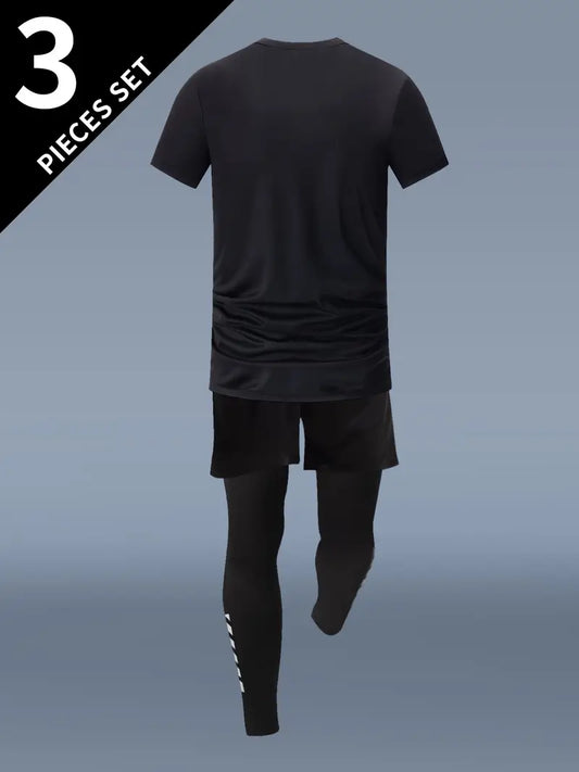 3pcs Men'S Fitness Set: Athletic Shorts, Short Sleeve Shirt & Running Jacket
