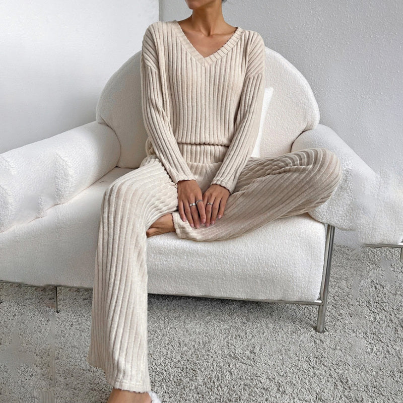 Women's 2-Piece Set Solid Color V-Neck Long Sleeve