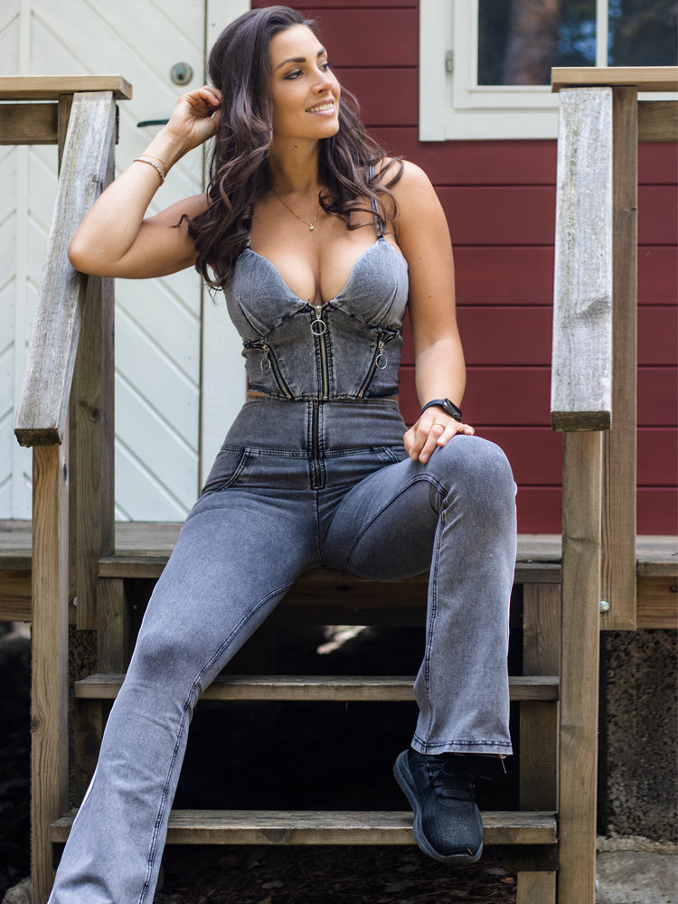 Denim Flare Jeans And Zipper Crop Top SuitSets