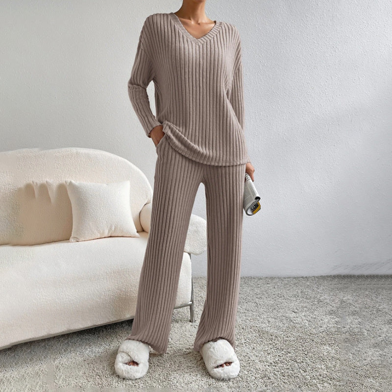 Women's 2-Piece Set Solid Color V-Neck Long Sleeve