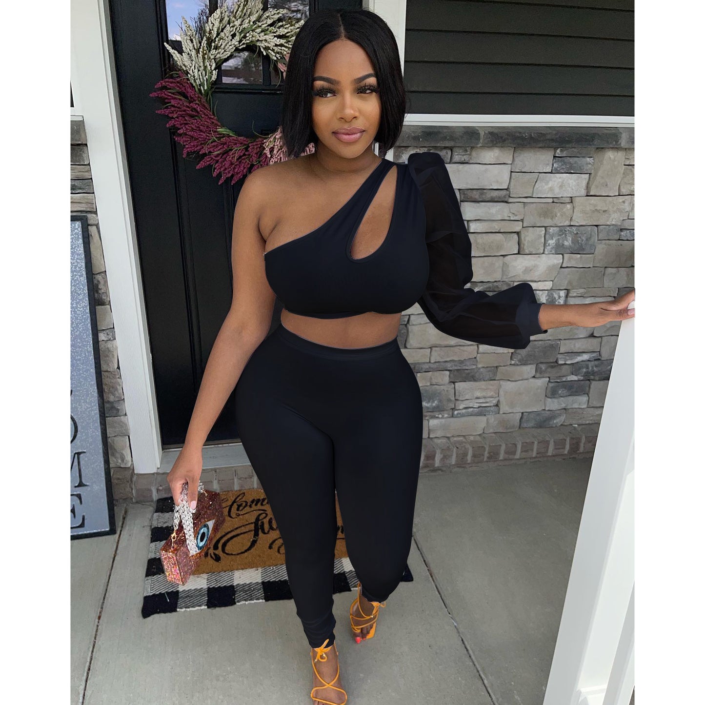 Mesh One Sleeve Elastic Two Piece Set Women Solid