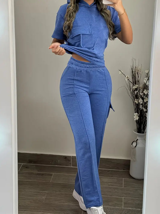Two-Piece Set - Short Sleeve Hoodie with Pockets & Straight-Leg Pants