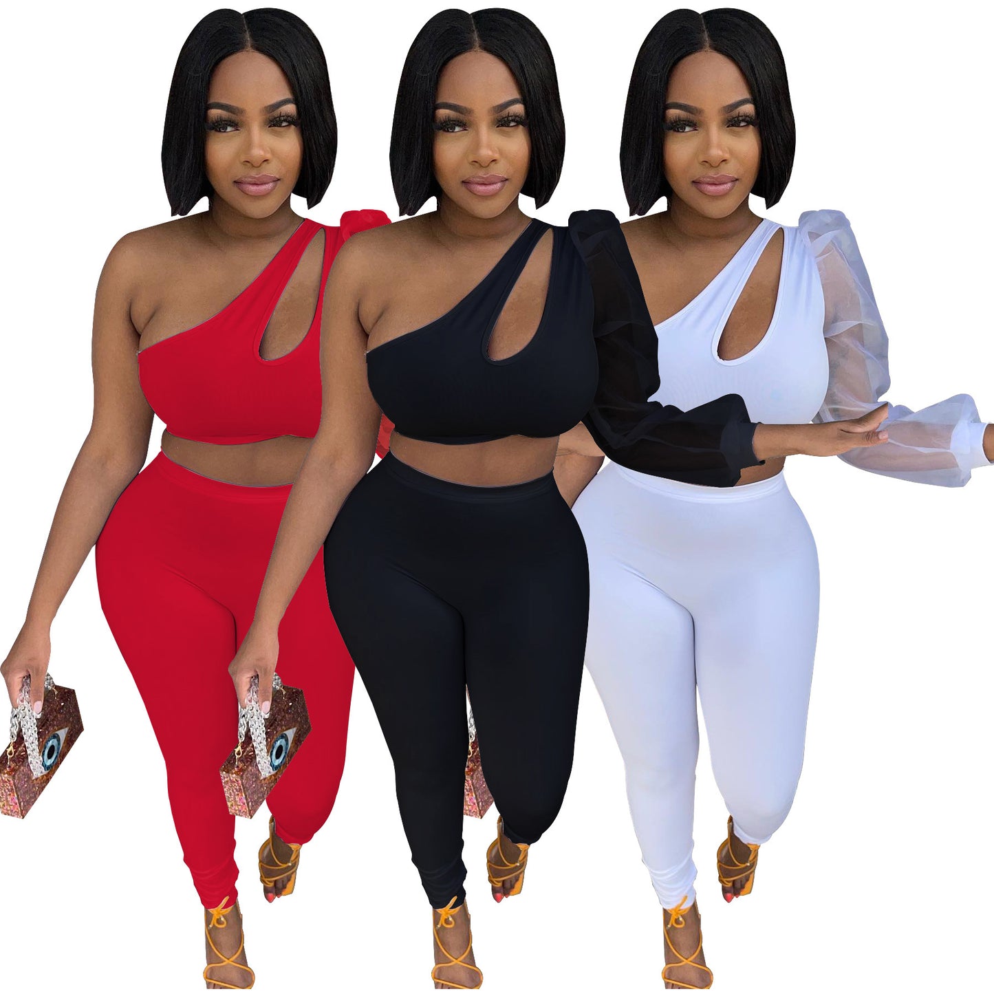 Mesh One Sleeve Elastic Two Piece Set Women Solid