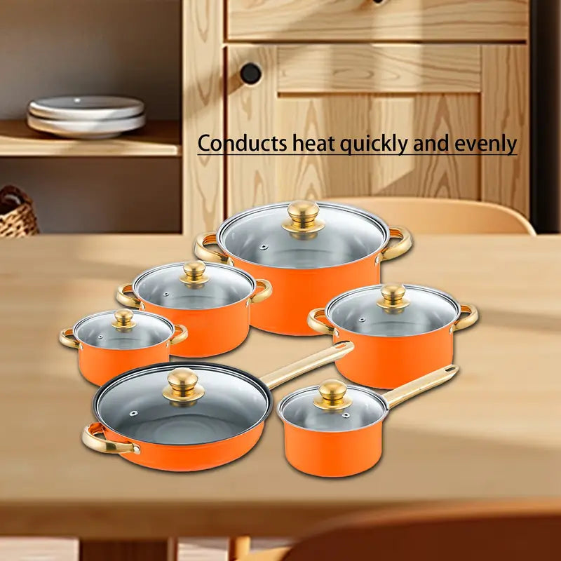 Stainless Steel 12pcs Orange Non-Stick Cookware Set