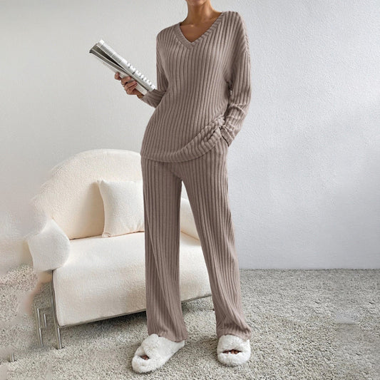 Women's 2-Piece Set Solid Color V-Neck Long Sleeve