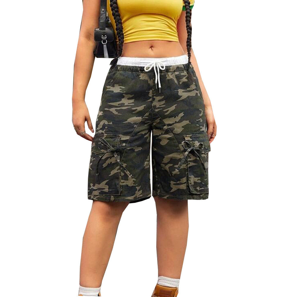 Loose Double Waist Casual Style Camouflage Pocket Drawstring Shorts