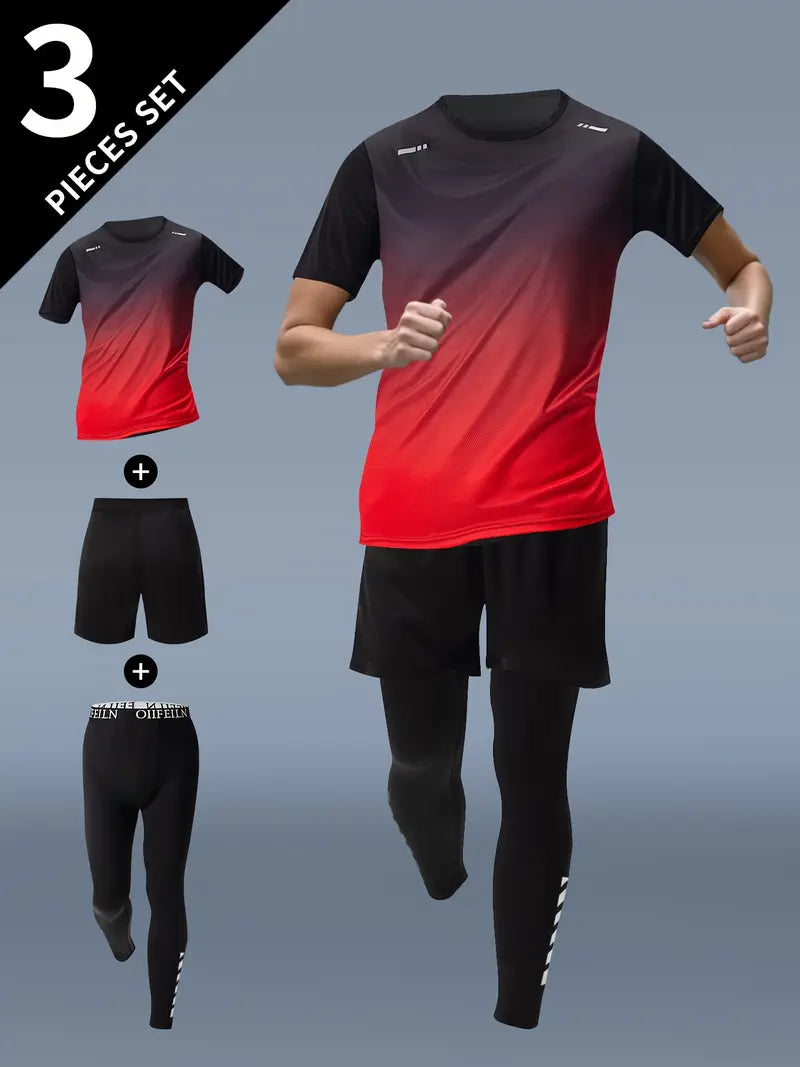 3pcs Men'S Fitness Set: Athletic Shorts, Short Sleeve Shirt & Running Jacket