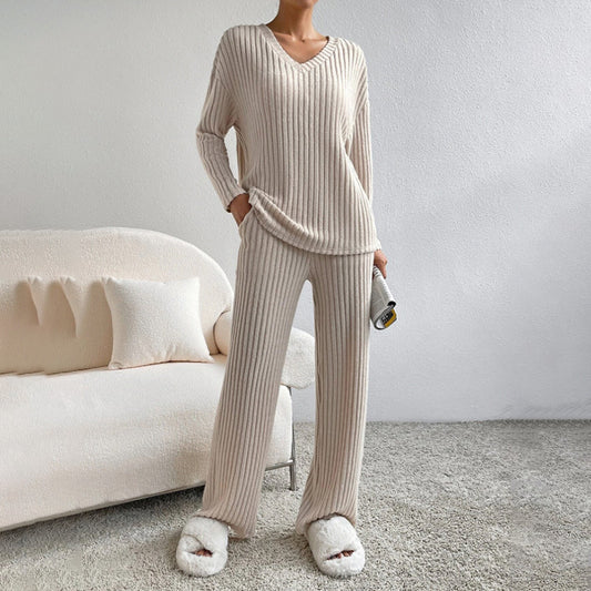 Women's 2-Piece Set Solid Color V-Neck Long Sleeve