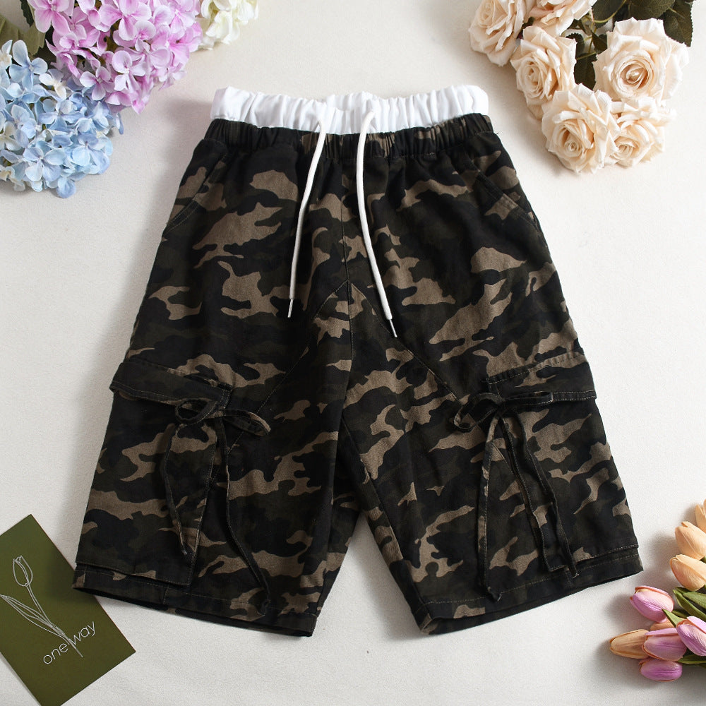 Loose Double Waist Casual Style Camouflage Pocket Drawstring Shorts