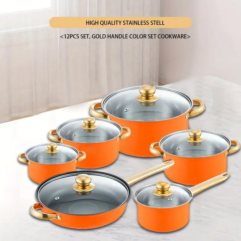 Stainless Steel 12pcs Orange Non-Stick Cookware Set