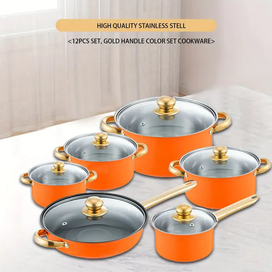 Stainless Steel 12pcs Orange Non-Stick Cookware Set