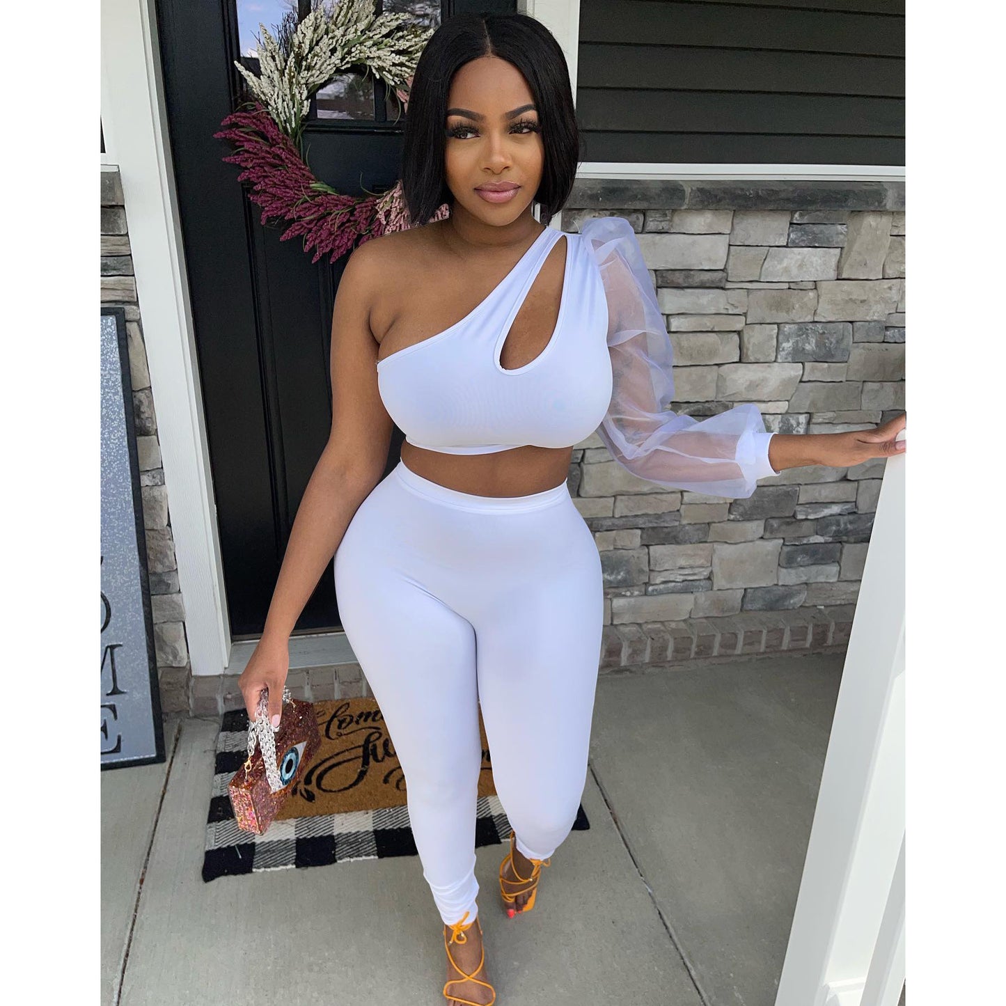 Mesh One Sleeve Elastic Two Piece Set Women Solid