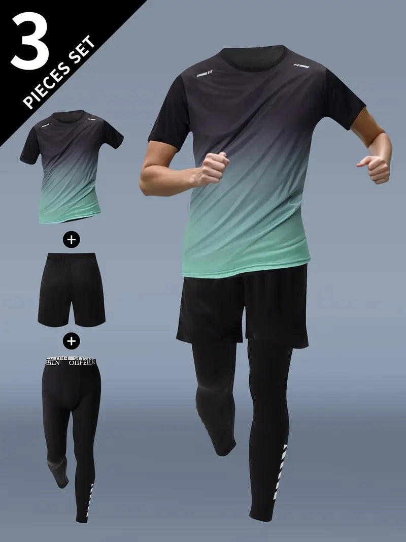 3pcs Men'S Fitness Set: Athletic Shorts, Short Sleeve Shirt & Running Jacket