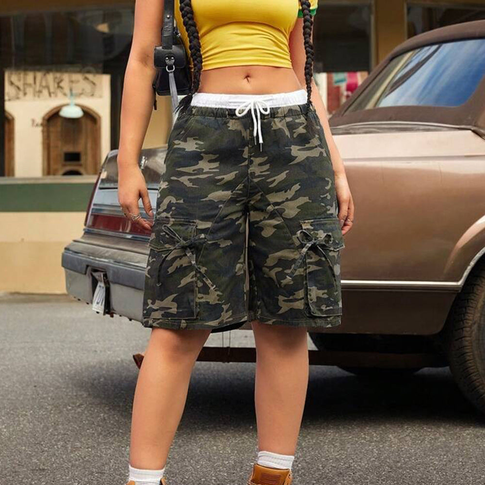 Loose Double Waist Casual Style Camouflage Pocket Drawstring Shorts