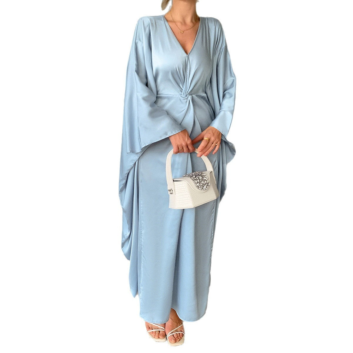 Elegant Solid Color Long Sleeve Waist Maxi Dress Women