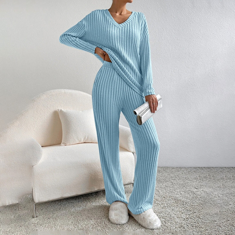Women's 2-Piece Set Solid Color V-Neck Long Sleeve